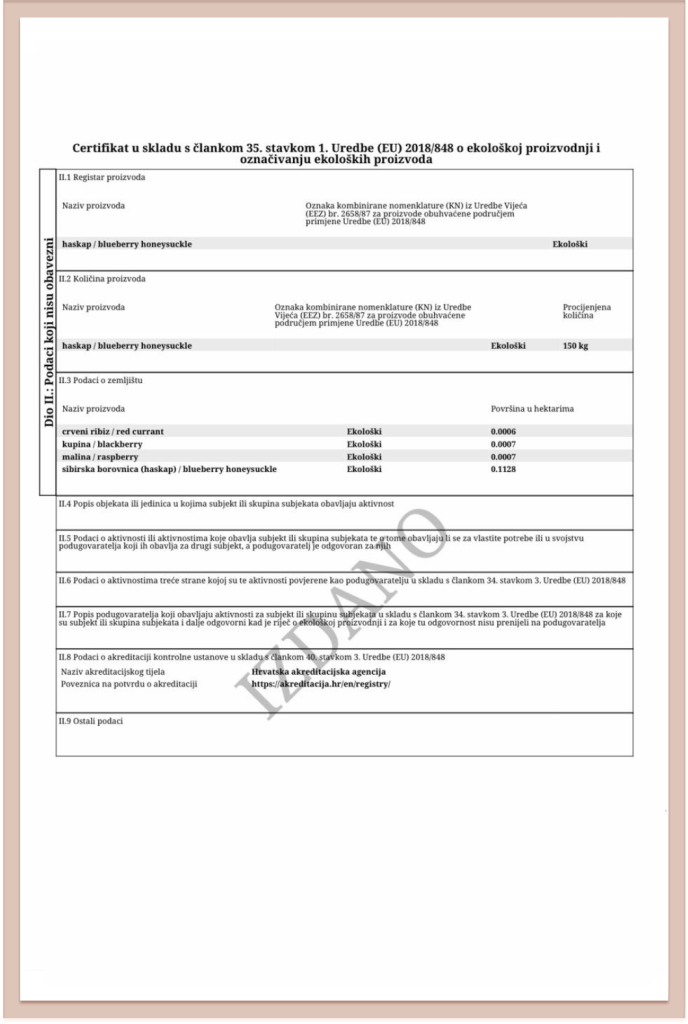 eko certifikat sibirske borovnice ili haskap borovnice